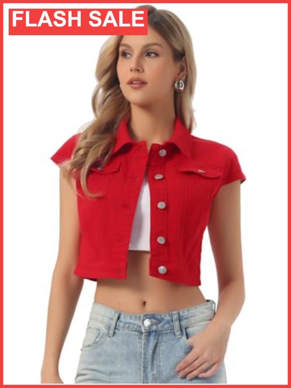 Cropped Denim Jacket Cap Sleeve Summer Jean Jacket Button Front
